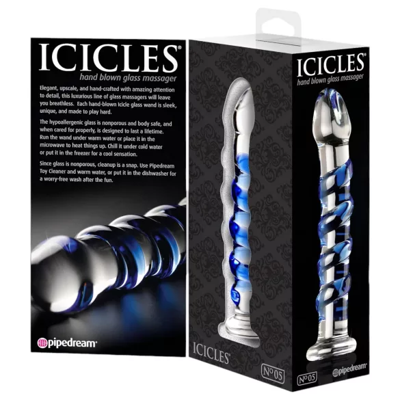 Icicles No. 5 - stiklinis dildo - spiralės forma - skaidrus mėlynas