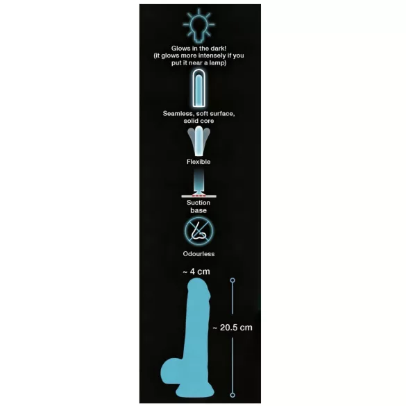 You2Toys Glow in the Dark - šviečiantis dildo su siurbtuku - mėlynas
