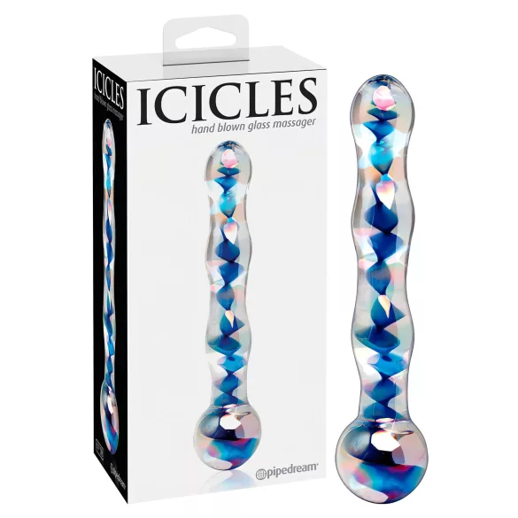 Icicles No. 08 - dvigalis stiklinis dildo - bangų forma - skaidrus/mėlynas