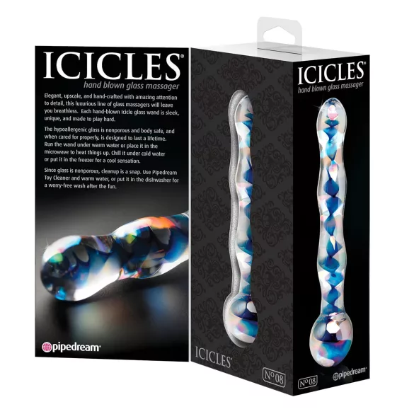 Icicles No. 08 - dvigalis stiklinis dildo - bangų forma - skaidrus/mėlynas