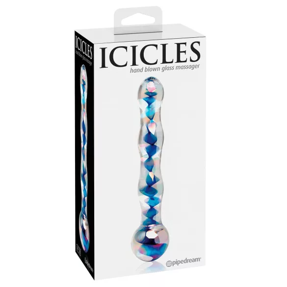Icicles No. 08 - dvigalis stiklinis dildo - bangų forma - skaidrus/mėlynas