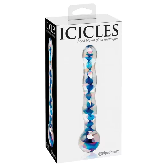 Icicles No. 08 - dvigalis stiklinis dildo - bangų forma - skaidrus/mėlynas