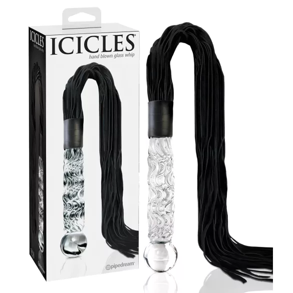 Icicles No. 38 - stiklinis dildo ir odinis botagas - skaidrus/juodas