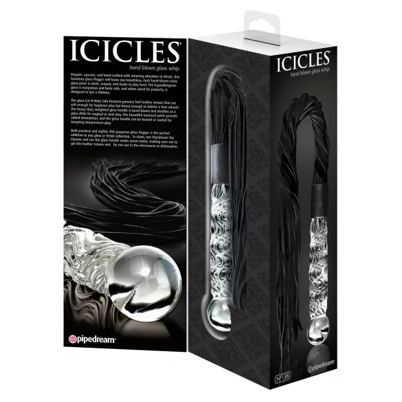 Icicles No. 38 - stiklinis dildo ir odinis botagas - skaidrus/juodas