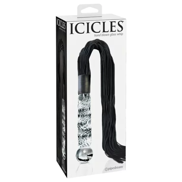 Icicles No. 38 - stiklinis dildo ir odinis botagas - skaidrus/juodas