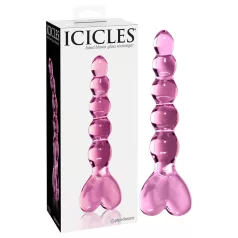   Icicles No. 43 - stiklinis dildo su karoliukais ir širdelėmis - rožinis