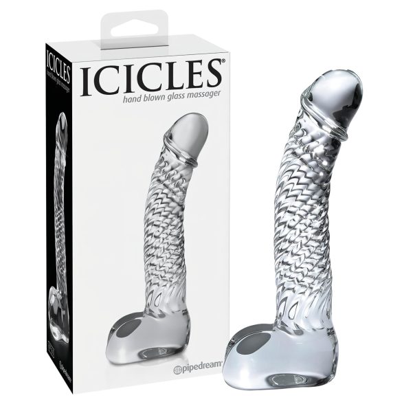 Icicles Nr. 61 – stiklinis dildo su sėklidėmis ir peniu (skaidrus)
