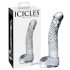Icicles Nr. 61 – stiklinis dildo su sėklidėmis ir peniu (skaidrus)