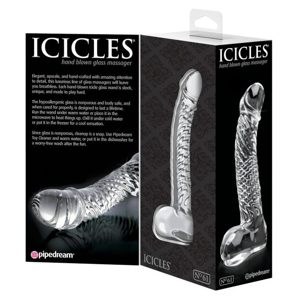 Icicles No. 61 - stiklinis dildo su sėklidėmis ir penius - permatomas