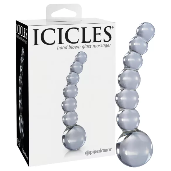 Icicles No. 66 - stiklinis dildo - išlenktas, su rutuliukais - permatomas