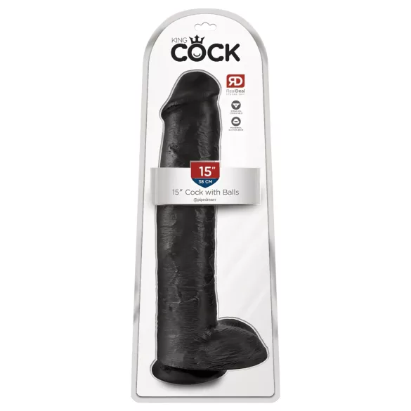 King Cock 15 - dildo su sėklidėmis ir siurbtuku - juodas 38 cm