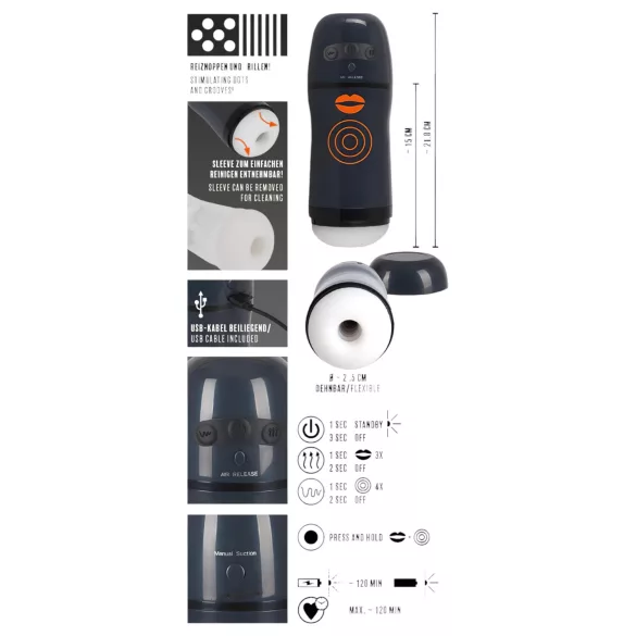 Rebel - masturbuoklis su siurbimo ir vibravimo funkcija - juodas