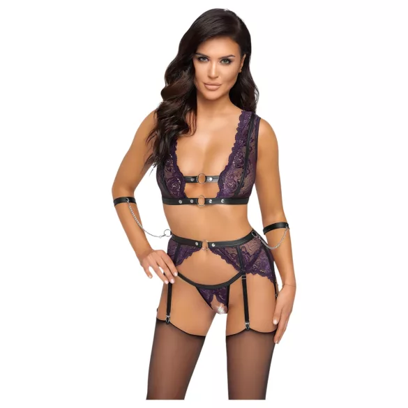 Cottelli Bondage - apatinio trikotažo rinkinys ir rankų antrankiai (juoda-violetinė) - XL