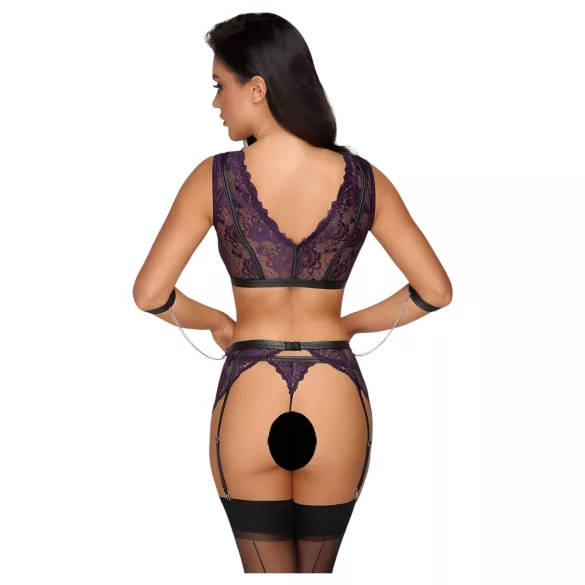 Cottelli Bondage - apatinio trikotažo rinkinys ir rankų antrankiai (juoda-violetinė) - XL