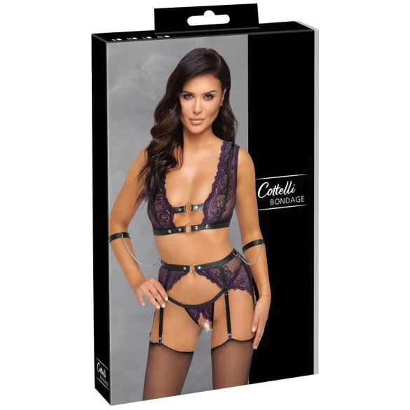 Cottelli Bondage - apatinio trikotažo rinkinys ir rankų antrankiai (juoda-violetinė) - XL