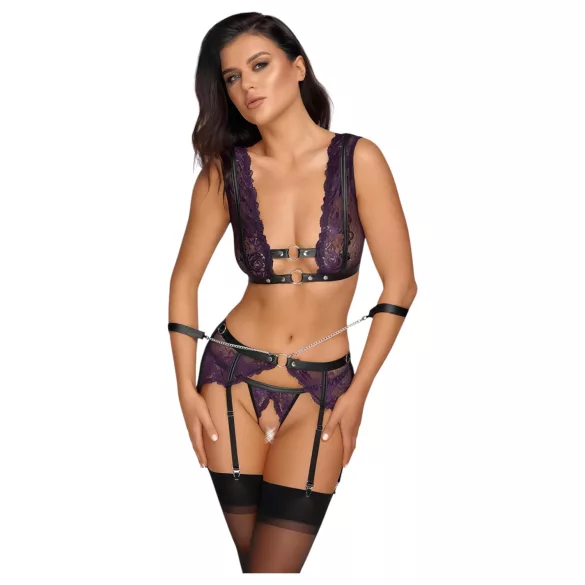 Cottelli Bondage - apatinio trikotažo rinkinys ir rankų antrankiai (juoda-violetinė) - XL