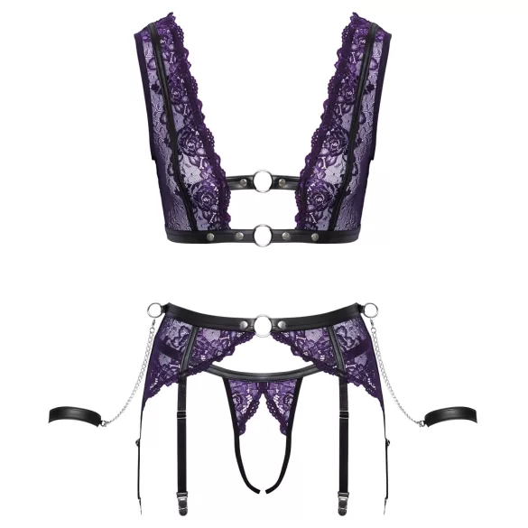 Cottelli Bondage - apatinio trikotažo rinkinys ir rankų antrankiai (juoda-violetinė) - XL