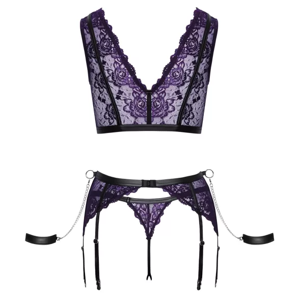 Cottelli Bondage - apatinio trikotažo rinkinys ir rankų antrankiai (juoda-violetinė) - XL