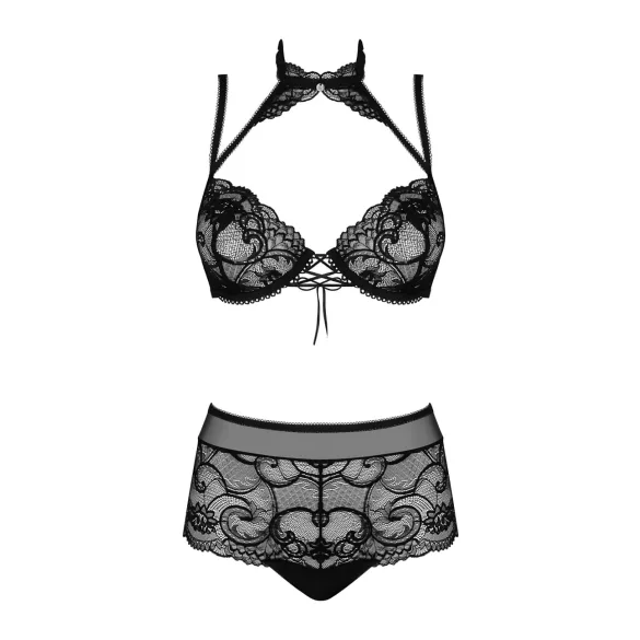 Obsessive Elizenes - raštuotas, permatomas liemenėlės rinkinys (juoda) - L/XL
