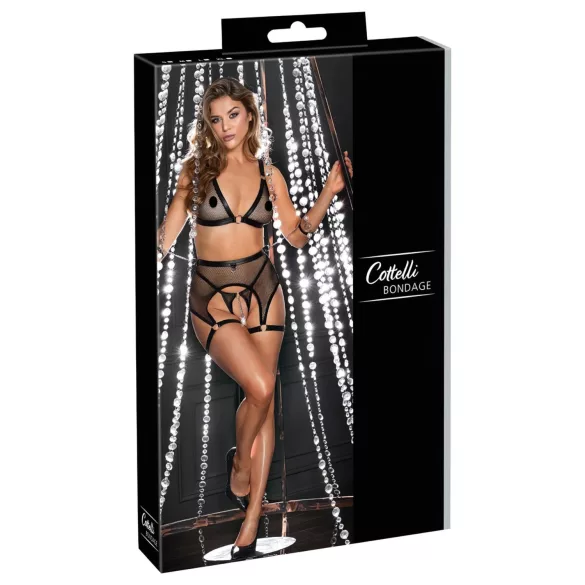 Cottelli Bondage - permatomas tinklinis rinkinys su grandinėlėmis - juodas - M