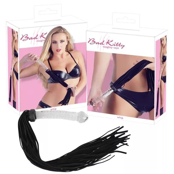Bad Kitty - odinis botagas su stiklo dildo - permatomas/juodas