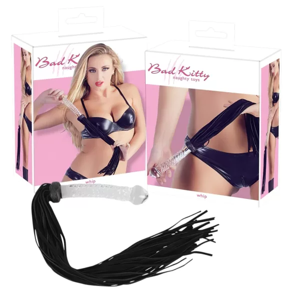 Bad Kitty - odinis botagas su stiklo dildo - permatomas/juodas