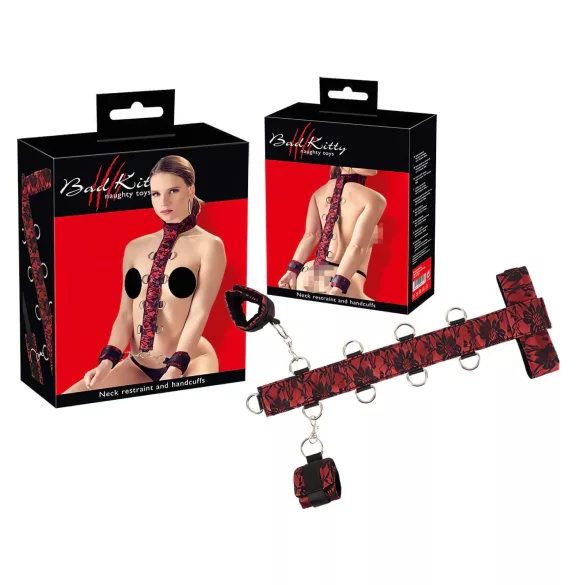 Bad Kitty - bondage pančiai kaklui ir rankoms - raudona juoda