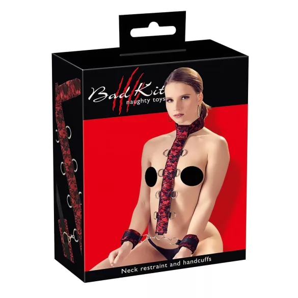 Bad Kitty - bondage pančiai kaklui ir rankoms - raudona juoda