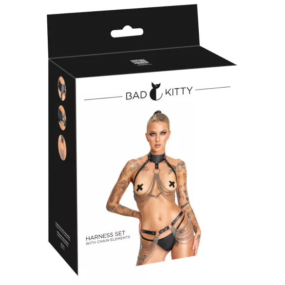 Bad Kitty - 3 dalių juoda diržų (harnišo) rinkinio liemens ir klubų diržais (S-L)