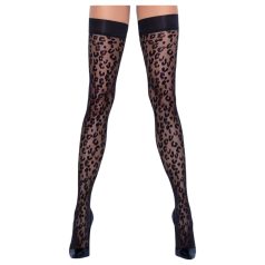  Cottelli Legwear - raštuotos kojinės su nėriniais - juodos, leopardinis raštas - 5