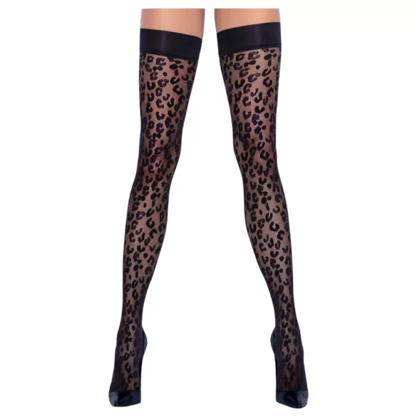 Cottelli Legwear - raštuotos kojinės su nėriniais - juodos, leopardinis raštas - 5