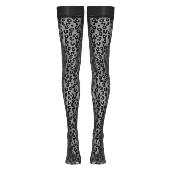 Cottelli Legwear - raštuotos kojinės su nėriniais - juodos, leopardinis raštas - 5