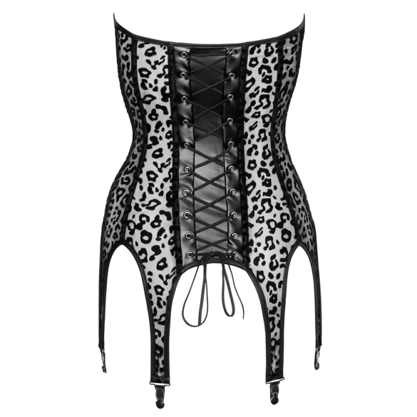 Noir - moteriškas korsetas su prisegamomis kojinėmis - juoda, leopardo raštas
