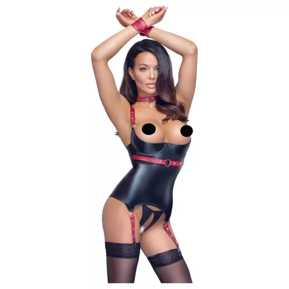 Cottelli Bondage - blizgi liemenėlė atvira krūtine su antkakliu - juoda - M