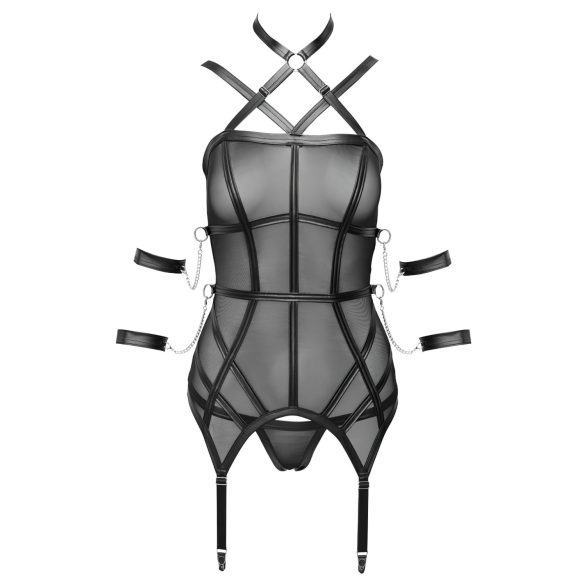 Cottelli Bondage - diržinė liemenėlė, rankų antrankiai ir stringai (juoda)