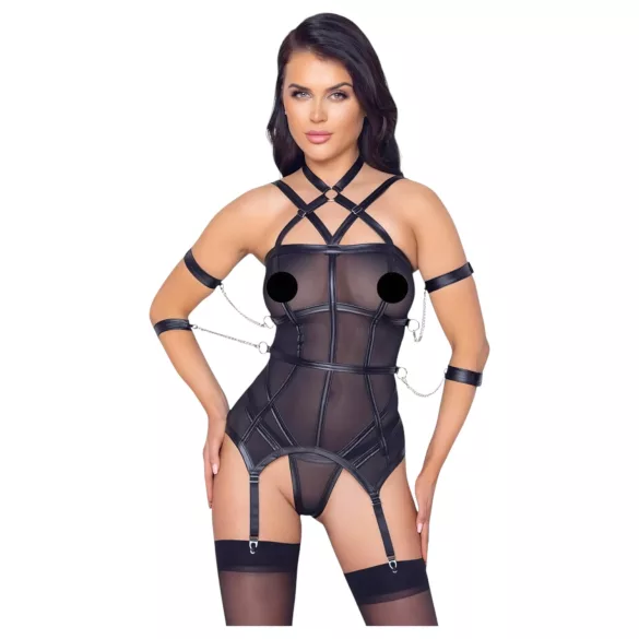 Cottelli Bondage - diržinė liemenėlė, rankų antrankiai ir stringai (juoda) - L