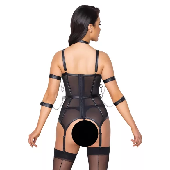 Cottelli Bondage - diržinė liemenėlė, rankų antrankiai ir stringai (juoda) - L