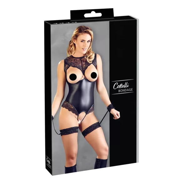 Cottelli Bondage - atvira blizgi bodis su rankų antrankiais - juoda