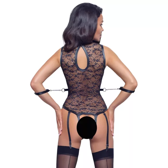 Cottelli Bondage - nėriniuotas bodis su dirželiais - juodas - M