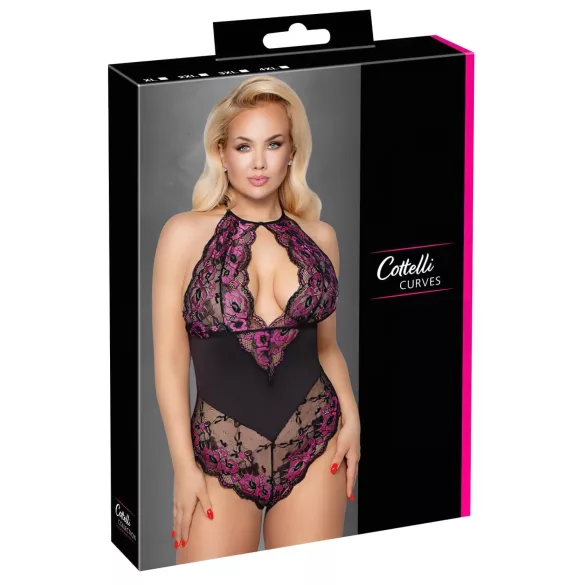 Cottelli Plus Size - kūno kostiumas - gėlėtas raštas - juoda/violetinė - 2XL