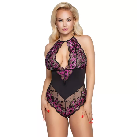 Cottelli Plus Size - kūno kostiumas - gėlėtas raštas - juoda/violetinė - 2XL