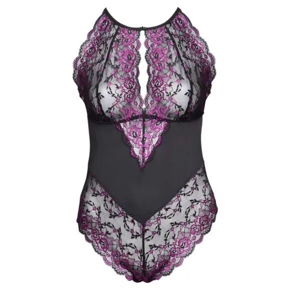 Cottelli Plus Size - kūno kostiumas - gėlėtas raštas - juoda/violetinė - 2XL