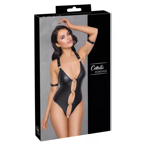 Cottelli Bondage - atvira blizgi bodis su žiedais - juoda - M