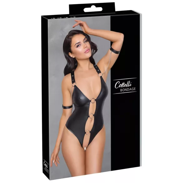Cottelli Bondage - atvira blizgi bodis su žiedais - juoda - M