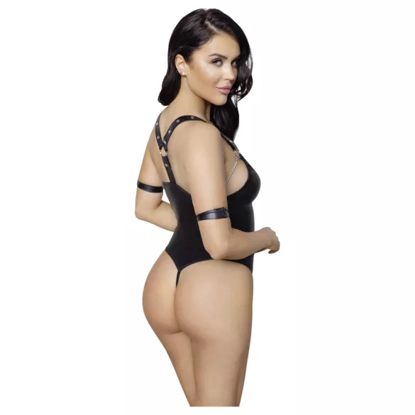 Cottelli Bondage - atvira blizgi bodis su žiedais - juoda - L
