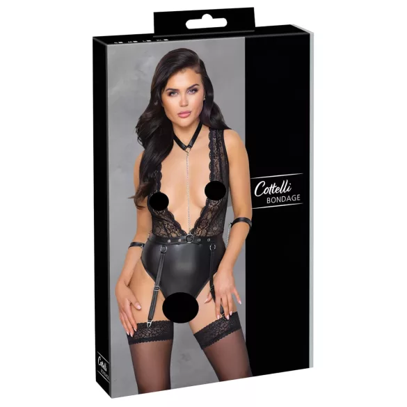 Cottelli Bondage - moteriškas nėriniuotas body su apykakle - juodas
