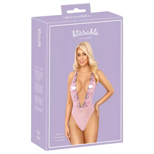 Kissable - moteriškas bodis su rožių siuvinėjimu - rožinis