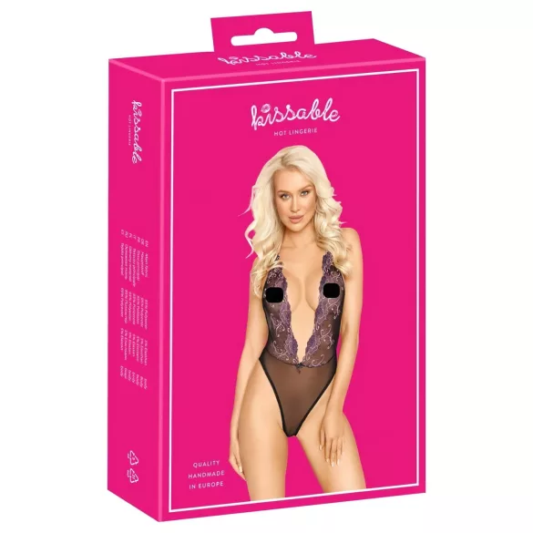 Bučiuojamas - juodas bodis su rožiniu siuvinėjimu - L/XL