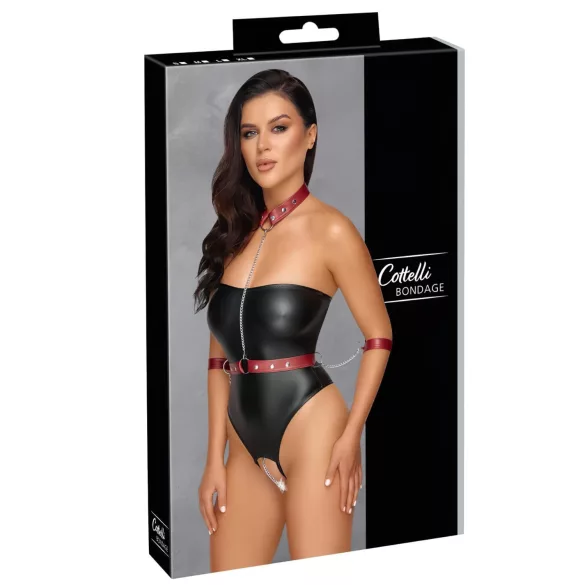 Cottelli Bondage - blizgus bodis su rankų ir kaklo suvaržymais (juodas) - L