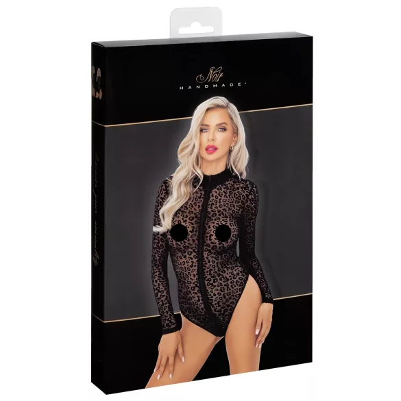 Noir - leopardo rašto, ilgomis rankovėmis bodis (juodas)